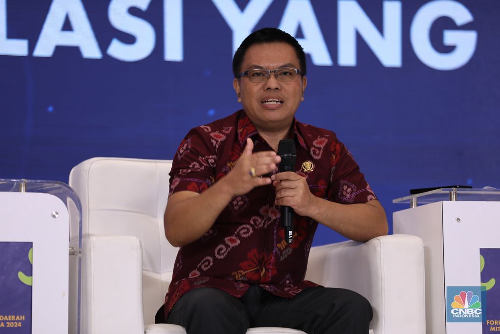 Deputi Bidang Ketersediaan dan Stabilisasi Pangan Badan Pangan Nasional (Bapanas) - I Gusti Ketut Astawa dalam rapat kerja Forum Kerja Sama Daerah Mitra Praja Utama 2024 di Hotel Borobudur, Jakarta, Jumat (17/5/2024). (CNBC Indonesia/Tri Susilo)