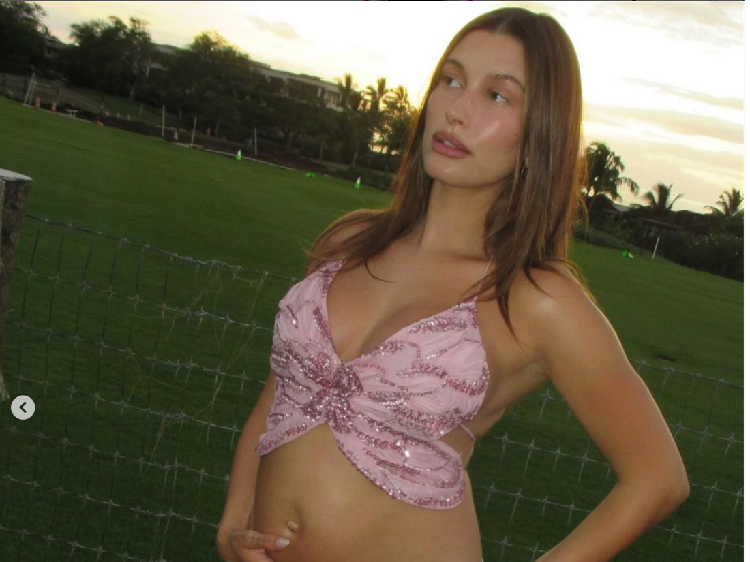 6 Foto Hailey Bieber Pamer Baby Bump, Pakai Crop Top Kupu-kupu