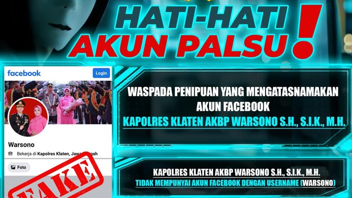 Imbauan kewaspadaan munculnya akun palsu mengatasnamakan Kapolres Klaten AKBP Warsono. Foto diunggah Jumat (17/5/2024).