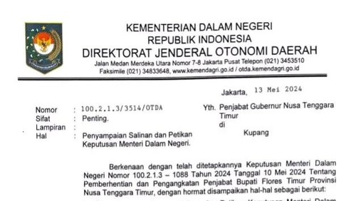 Surat dari Kemendagri perihal penetapan Pj Bupati Flores Timur.