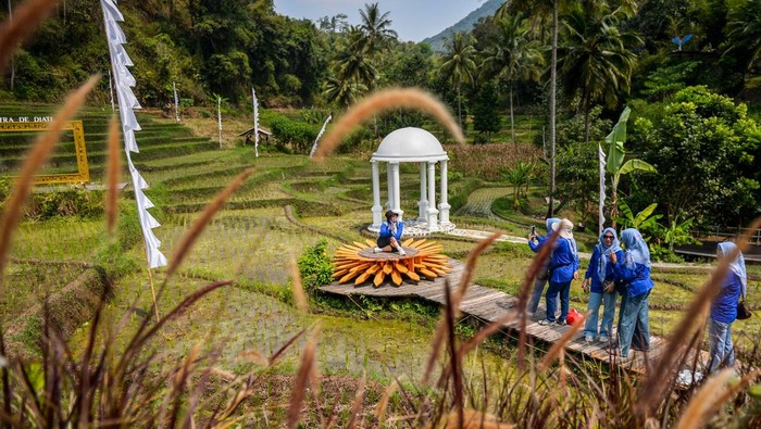 Syahdunya Wisata Alam di Persawahan Garut Wisatawan berfoto di Kawasan Wisata Antapura De Djati di Cibiuk Kaler, Kabupaten Garut, Jawa Barat, Minggu (19/5/2024). Wisata Antapura De Djati yang menawarkan sensasi wisata di tengah kawasan persawahan tersebut memiliki luas 6 hektare serta memiliki beberapa tempat untuk berfoto dengan dekorasi. ANTARA FOTO/Raisan Al Farisi/Spt.