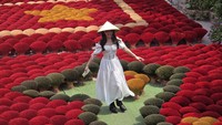 Vonzy Onic tampil cantik dengan gaun putih dan topi caping di Incense Village Vietnam. Pesonanya ditangkap lewat kamera Samsung Galaxy S24.
