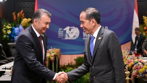 Presiden Joko Widodo dan Perdana Menteri Tajikistan Qohir Rasulzoda dalam pertemuan bilateral di sela-sela WWF di BICC, Senin (20//52024).