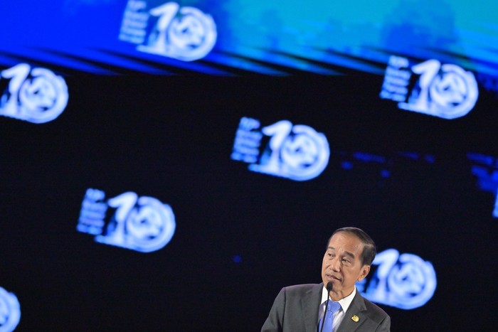 Presiden World Water Council Loïc Fauchon menyampaikan pidato saat pembukaan World Water Forum ke-10 2024 di Bali International Convention Center, Nusa Dua, Badung, Bali, Senin (20/5/2024). ANTARA FOTO/Media Center Wolrd Water Forum 2024/Aprillio Akbar/nym.