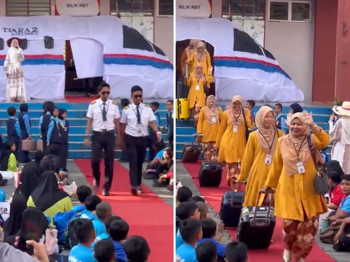 Perayaan hari guru unik bergaya seperti awak kabin yang baru keluar dari pesawat mendadak viral di media sosial