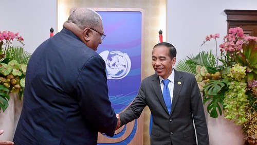 Presiden Jokowi dan Presiden Fiji Wiliame Maivalili Katonivere mengadakan pertemuan bilateral saat WWF ke-10 di BICC, Nusa Dua, Badung, Bali, Senin (20/5/2024). (Muchlis Jr-Biro Pers Sekretariat Presiden)