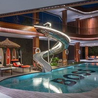 Kolam renang menjadi focal point dari pernyataan desain vila ini. Fitur ini dilengkapi seluncuran Instagram-able yang jenaka. Fasilitas lain yang dapat dinikmati di antaranya santapan racikan chef kelas hotel bintang lima hingga spa serta beberapa aktivitas outdoor.  (Foto: Dok. Hugo Boss)