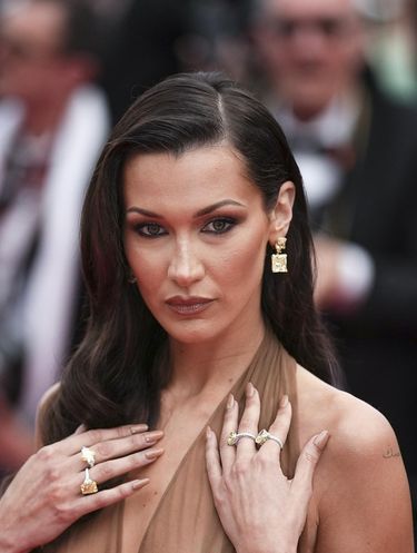 Bella Hadid poses for photographers upon arrival at the premiere of the film 'The Apprentice' at the 77th international film festival, Cannes, southern France, Monday, May 20, 2024. (Photo by Daniel Cole/Invision/AP)