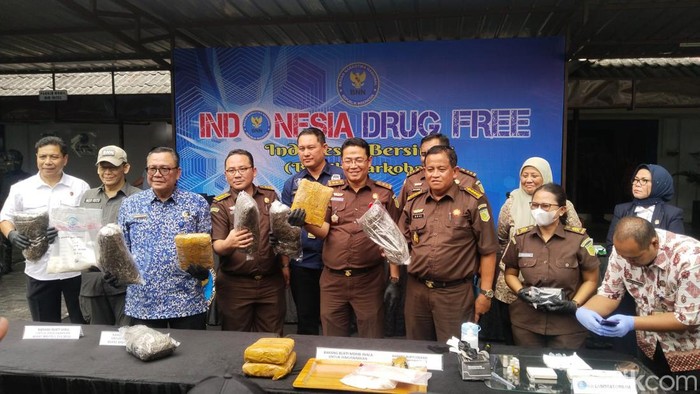 BNN RI memusnahkan 11,8 kilogram narkotika berbagai jenis. Barang bukti tersebut didapat dari lima kasus berbeda, salah satunya paket sabu dari Hawaii. (Ammar R/detikcom)