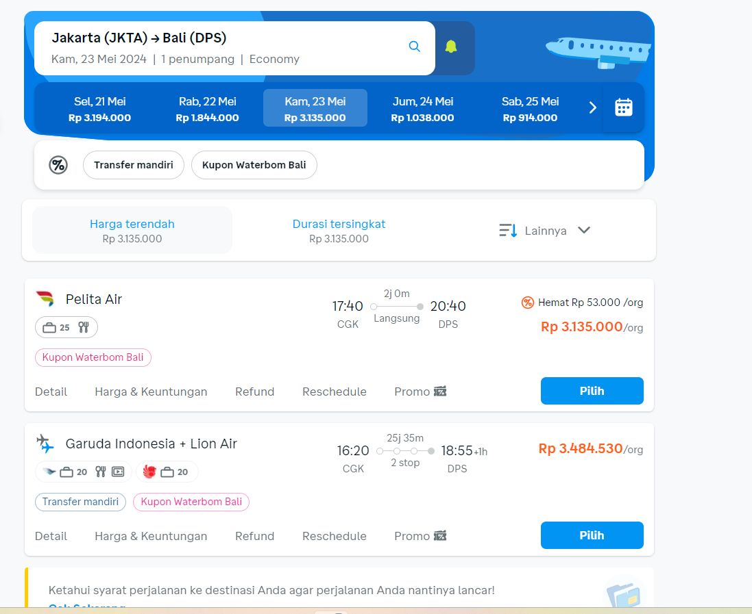 Harga Tiket Pesawat Terbang Jelang Liburan! Jakarta-Bali Tembus Rp 3,1 Juta. (Tangkapan Layar Jasa Penyedia Tiket Online)