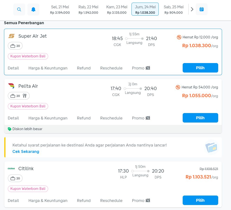 Harga Tiket Pesawat Terbang Jelang Liburan! Jakarta-Bali Tembus Rp 3,1 Juta. (Tangkapan Layar Jasa Penyedia Tiket Online)