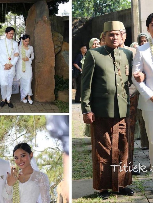 Onky Alexander, ayah Sasqia yang juga berbahagia, tampak memakai beskap hijau tua. Aktor yang populer lewat film ‘Catatan Si Boy’ ini melengkapi penampilannya dengan peci serta kain Batik cokelat. Foto: Instagram/@titieksoeharto @/yr.milla