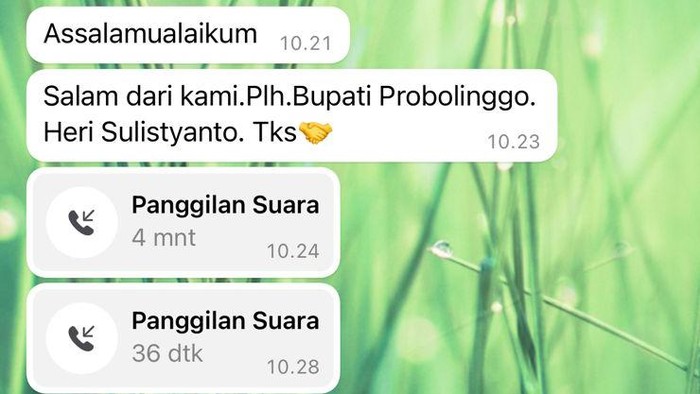 Tangkapan layar pesan yang mengaku Plh Bupati Probolinggo