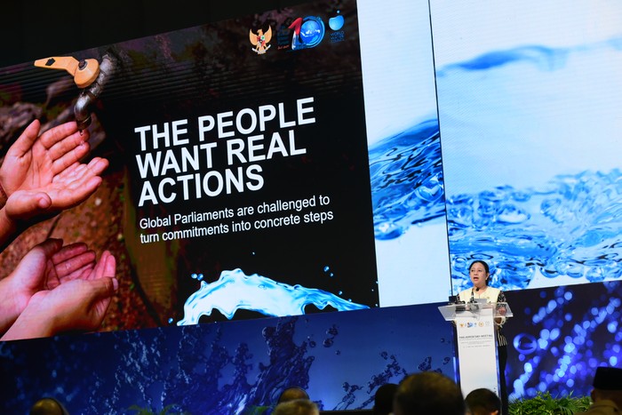 Ketua DPR RI Dr. (H.C) Puan Maharani, saat menyampaikan pidato penutupan Parliamentary Meeting on The Occasion of The 10th WWF di Nusa Dua, Bali, Selasa (21/5/2024)