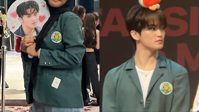 Kolase foto seorang alumni USU dan Mark Lee NCT pakai almamater USU. (Sumber Foto: x.com/sugaringmaku)