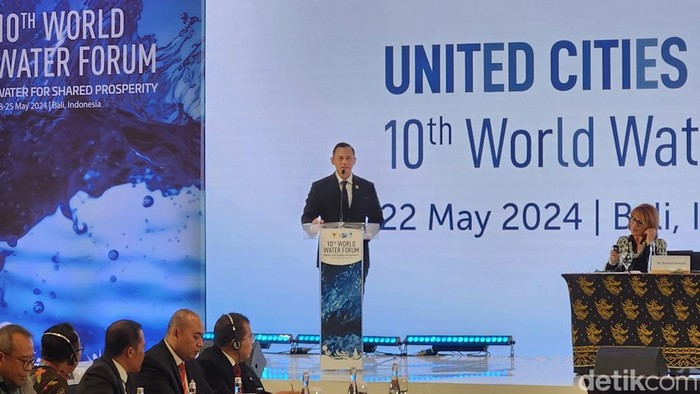 Menteri Agraria dan Tata Ruang/Kepala Badan Pertanahan Nasional (ATR/BPN), Agus Harimurti Yudhoyono (AHY) jadi pembicara di World Water Forum ke-10 di Bali. (Adrial/detikcom)
