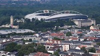 Pemandangan umum menunjukkan Stadion Leipzig menjelang UEFA EURO 2024 di kota tuan rumah Leipzig, Jerman. Stadion ini akan menggelar sejumlah pertandingan Piala Eropa 2024 yang digelar Juni mendatang.