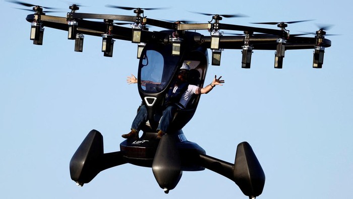 The single-seater 'Hexa', a personal aircraft developed by U.S.-based company Lift Aircraft makes a demonstration flight during a showcase program titled 