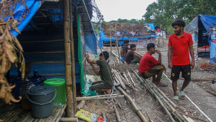 Potret Pengungsi Rohingya Bangun Hunian Sementara di Pekanbaru Pengungsi Rohingya mendirikan tenda gubuk yang akan dijadikan hunian sementara di Pekanbaru, Riau, Selasa (21/5/2024). Sebanyak 154 orang pengungsi Rohingya yang berasal dari Aceh ini terpaksa tinggal sementara di tenda-tenda gubuk yang didirikan di lahan masyarakat sebelum nantinya akan ditempatkan di lokasi yang disiapkan oleh pemerintah daerah setempat. ANTARA FOTO/Rony Muharrman/foc.
