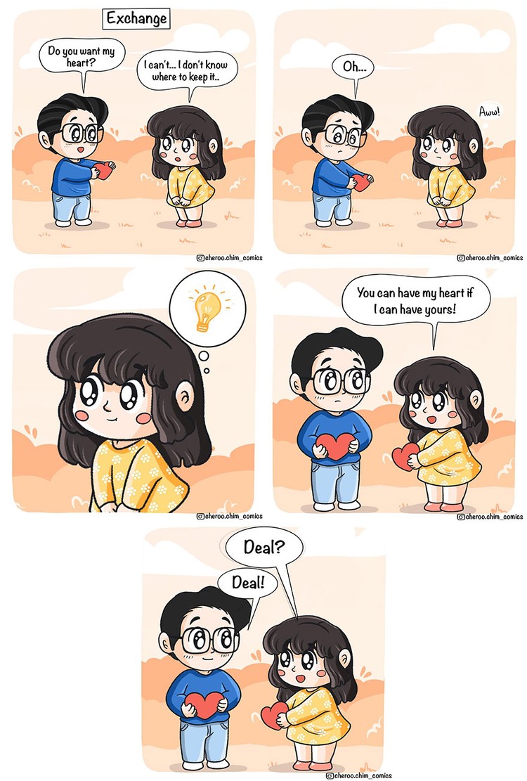 Seorang ilustrator asal India, Sumon Sikdar, membuat serial komik romantis, yang memperkenalkan dua karakter unyu Cheroo dan Chim. Mari simak komiknya berikut.