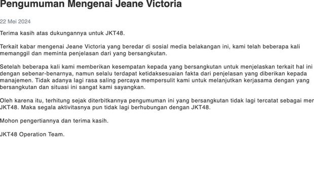 Heboh Jeane Victoria Dikeluarkan dari JKT48