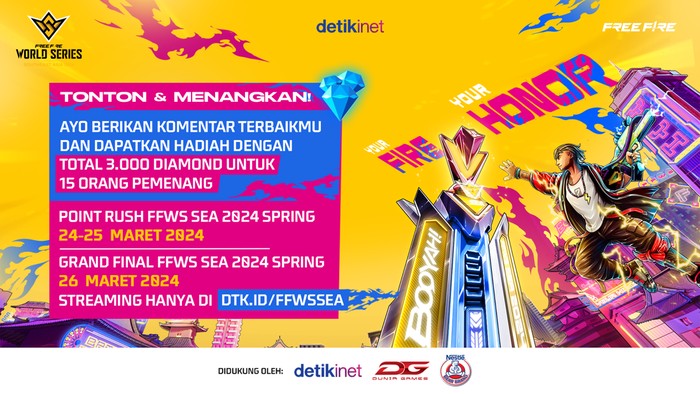 Siapa yang mau diamond Free Fire gratis nih? Gamer bisa mendapatkannya hanya dengan menyaksikan siaran langsung Free Fire World Series Southeast Asia (FFWS SEA) 2024 Spring di detikcom.