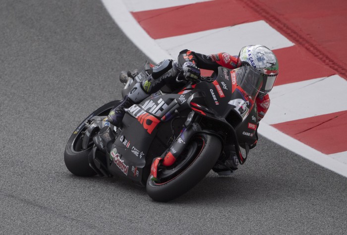 BARCELONA, SPAIN - MAY 24:  Aleix Espargaro of Spain and Aprilia Racingrounds the bend during the MotoGP Of Catalunya - Free Practice at Circuit de Barcelona-Catalunya on May 24, 2024 in Barcelona, Spain. (Photo by Mirco Lazzari gp/Getty Images)