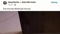 Entah apa yang ada di pikiran netizen ini, ia lebih memilih menyantap mie kemasan secara terbalik. Bagian bawahnya dilubangi dengan begitu rpi untuk menyeduh dan menyantap mie. Foto: 1cak.com
