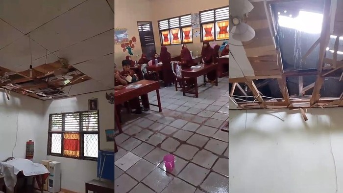 SDN 1 Jatibaru Lampung Selatan dengan kondisi atap rusak dan bocor.