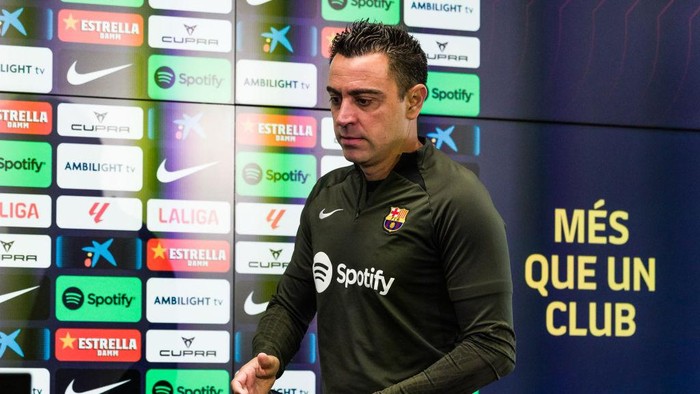 SANT JOAN DESPI, SPAIN - MAY 25: Xavi Hernandez, head coach of FC Barcelona attends his press conference before the Spanish league, La Liga EA Sports, football match against  at Ciudad Esportriva Joan Gamper on May 25, 2024 in Sant Joan Despi, Spain. (Photo By Javier Borrego/Europa Press via Getty Images)