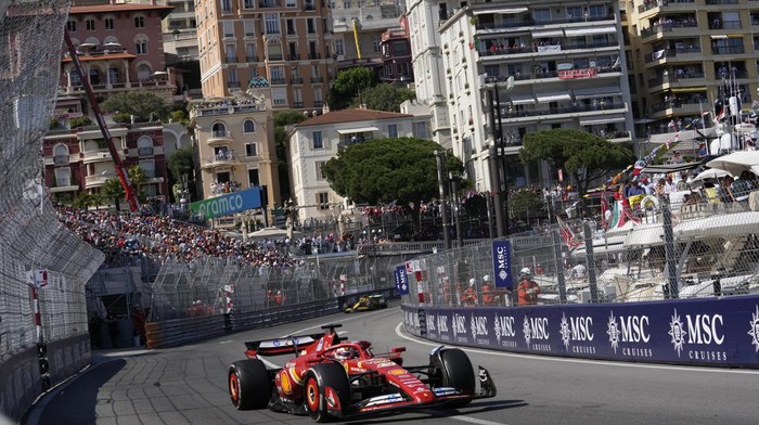 Ferrari driver Charles Leclerc of Monaco steers his car during the Formula One Monaco Grand Prix race at the Monaco racetrack, in Monaco, Sunday, May 26, 2024. (AP Photo/Luca Bruno)