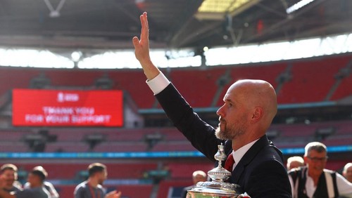 Soccer Football - FA Cup - Final - Manchester City v Manchester United - Wembley Stadium, London, Britain - May 25, 2024 Manchester United manager Erik ten Hag celebrates with the trophy after winning the FA Cup REUTERS/Hannah Mckay