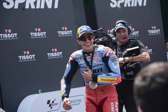 BARCELONA, SPAIN - MAY 25: Marc Marquez of Spain and Gresini Racing MotoGP celebrates the second place on the podium in front of fans during the MotoGP Of Catalunya - Sprint at Circuit de Barcelona-Catalunya on May 25, 2024 in Barcelona, Spain. (Photo by Mirco Lazzari gp/Getty Images)