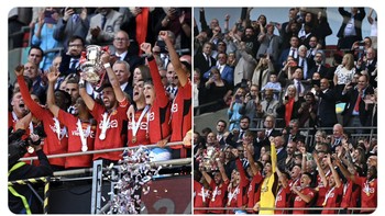 Bruno Fernandes mengungkapkan rasa senangnya menang Piala FA. Foto: Twitter