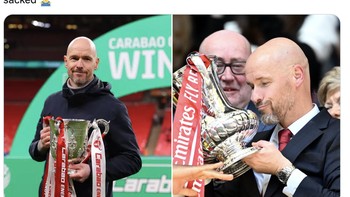 Ten Hag hanya dalam dua musim di MU memenangkan lebih banyak trofii dibandingkan Arteta selama 4 tahun di Arsenal, tapi tebak siapa yang akan dipecat? tulis akun ini. Foto: Twitter