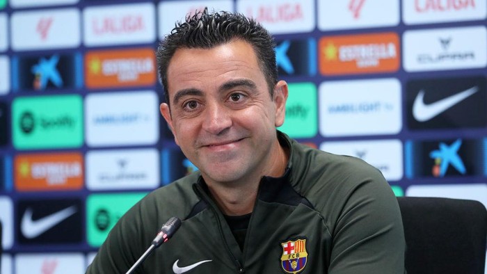 Xavi Hernandez is speaking during the press conference prior to the LaLiga match against Sevilla FC, in Barcelona, Spain, on May 25, 2024. (Photo by Joan Valls/Urbanandsport /NurPhoto via Getty Images)