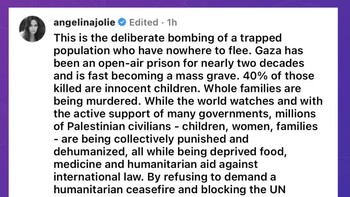 Unggahan viral Angelina Jolie untuk mendukung genjatan senjata di Gaza. Dia menyebut bahwa Gaza telah menjadi penjara terbuka selama hampir dua dekade dan kuburan massal. Foto: Instagram/Angelina Jolie