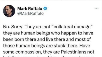 Mark Ruffalo, pemeran Hulk, terkenal sejak lama menyuarakan dukungan untuk rakyat Palestina. Salah satu yang viral adalah tweetnya yang satu ini. Foto: X/Mark Ruffalo