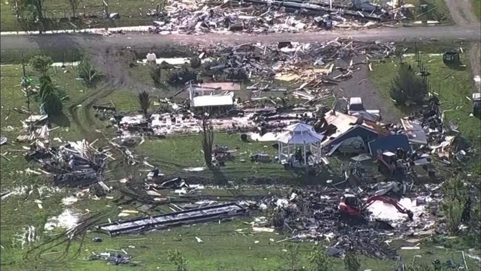 Wreckage is strewn across a property the day after a deadly series of tornados hit the central United States, in Valley View, Texas, U.S. in a still image from aerial video.  ABC Affiliate WFAA via REUTERS.  NO RESALES. NO ARCHIVES. MANDATORY CREDIT