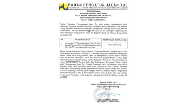 Surat Pengumuman Hasil Negoisasi Pelelangan Jalan Tol BOGOR - SERPONG VIA PARUNG. (Dok. BPJT)