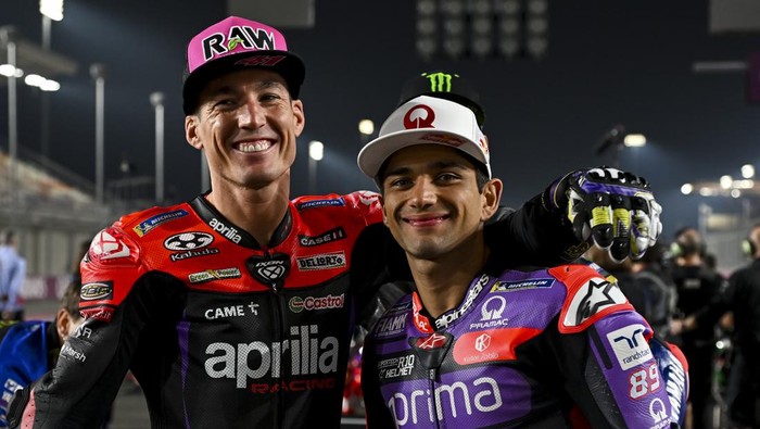 Spanish MotoGP riders Aleix Espargaro (L) of Aprilia Racing and Jorge Martin (R) of Prima Pramac Racing are posing for a photo ahead of the Qatar Airways Motorcycle Grand Prix of Qatar at Losail International Circuit in Losail, Qatar, on March 7, 2024. (Photo by Noushad Thekkayil/NurPhoto via Getty Images)
