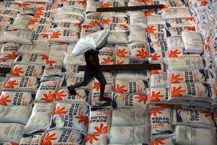 Pekerja memikul karung beras di Gudang Bulog, Medan, Sumatera Utara, Selasa (28/5/2024). Perum Bulog Kantor Wilayah Sumatera Utara menerima beras impor dari Thailand sebanyak 10 ribu ton dan dari Pakistan sebanyak 10 ribu ton. ANTARA FOTO/Yudi Manar/rwa.