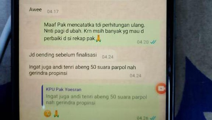 Foto percakapan diduga Ketua KPU Bone Yusran Tajuddin viral di media sosial.