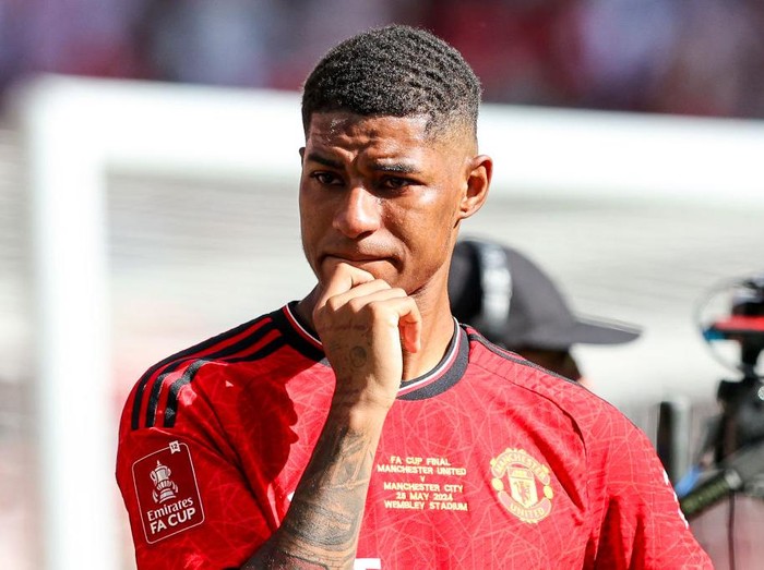 LONDON, ENGLAND - MAY 25: Marcus Rashford of Manchester United at the end of his sides 2-1 win during the Emirates FA Cup Final match between Manchester City and Manchester United at Wembley Stadium on May 25, 2024 in London, England. (Photo by Robin Jones/Getty Images)