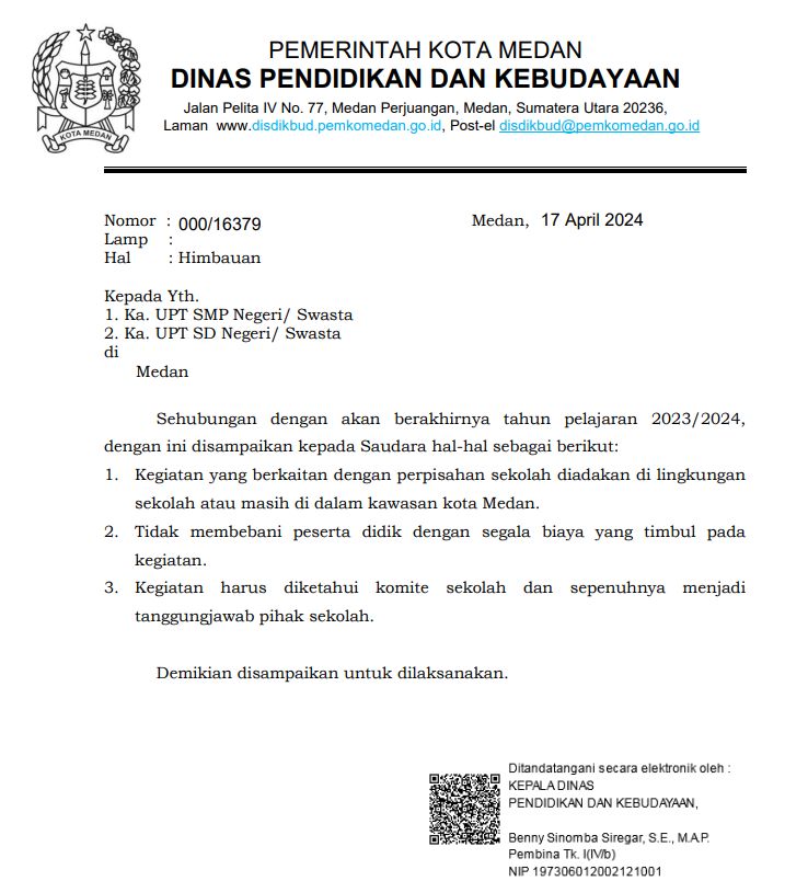 Surat Edaran imbauan sekolah tak laksanakan Study Tour dari Disdik Medan. (Istimewa)