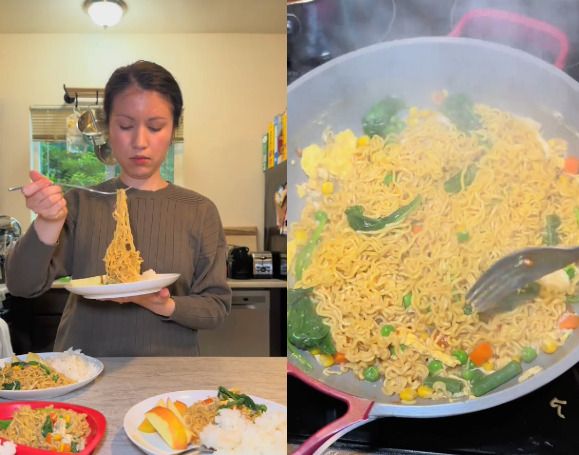 Viral! Bule Ini Makan Indomie Goreng Pakai Nasi dan Apel