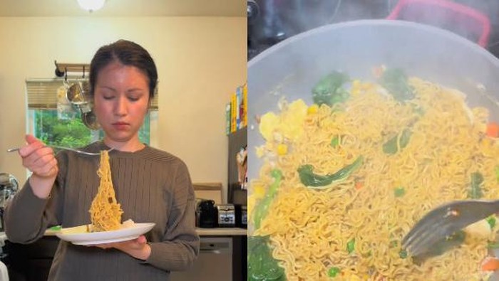 Viral! Bule Ini Makan Indomie Goreng Pakai Nasi dan Apel