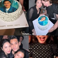 Rossa yang mengenakan baju polkadot berwarna hitam tampak membawa kue yang sudah dipesan spesial. Pada bagian atas kue tersebut terdapat foto Afgan yang sedang memamerkan wajah konyolnya. Foto: Instagram/@afgan__