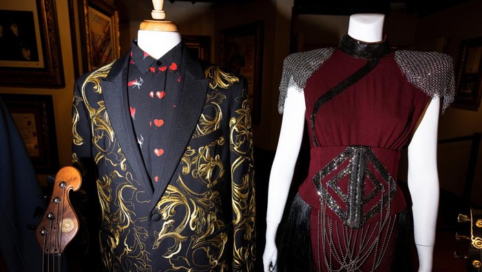 Guitars and outfits of various music icons are displayed during the Julien's Music Icons Auction preview at Hard Rock Cafe in New York City, U.S., May 21, 2024.   REUTERS/Caitlin Ochs