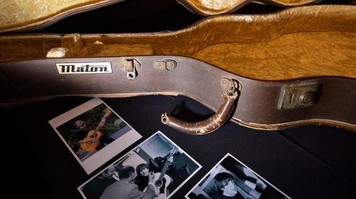 Guitars and outfits of various music icons are displayed during the Julien's Music Icons Auction preview at Hard Rock Cafe in New York City, U.S., May 21, 2024.   REUTERS/Caitlin Ochs